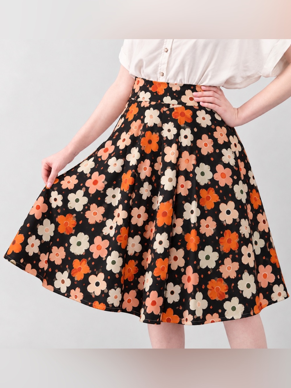 TULIP B | Floral A-Line Skirt in Black with Orange, Peach & White Flowers